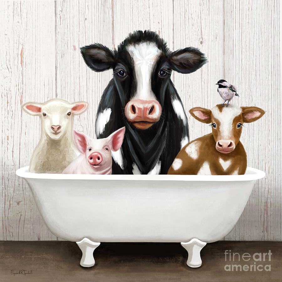 Farmhouse Animals In the Bathtub Painting by Elizabeth Robinette Tyndall