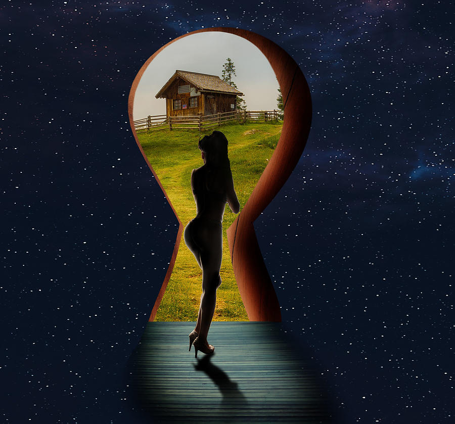 Farmhouse Keyhole And Woman Surreal Digital Art