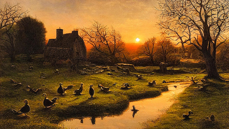 Farmhouse with Birds In Pond At Sunset Digital Art by Craig Boehman
