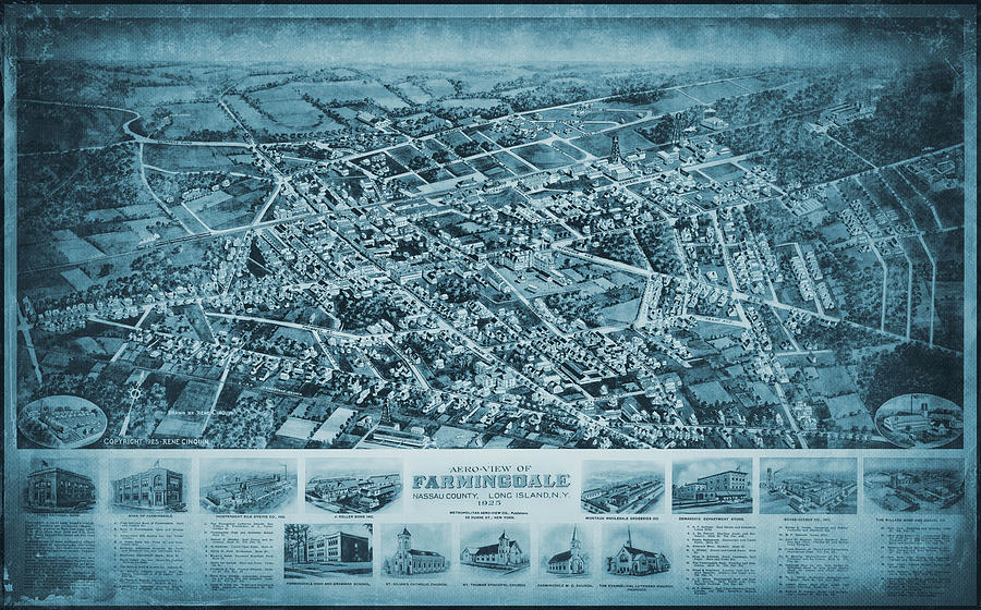 Farmingdale Long Island New York Vintage Aerial Map 1925 Blue