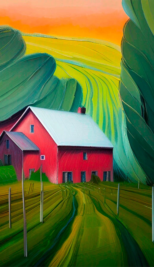 Farmland I -red barn and rolling hills Painting by Bonnie Bruno