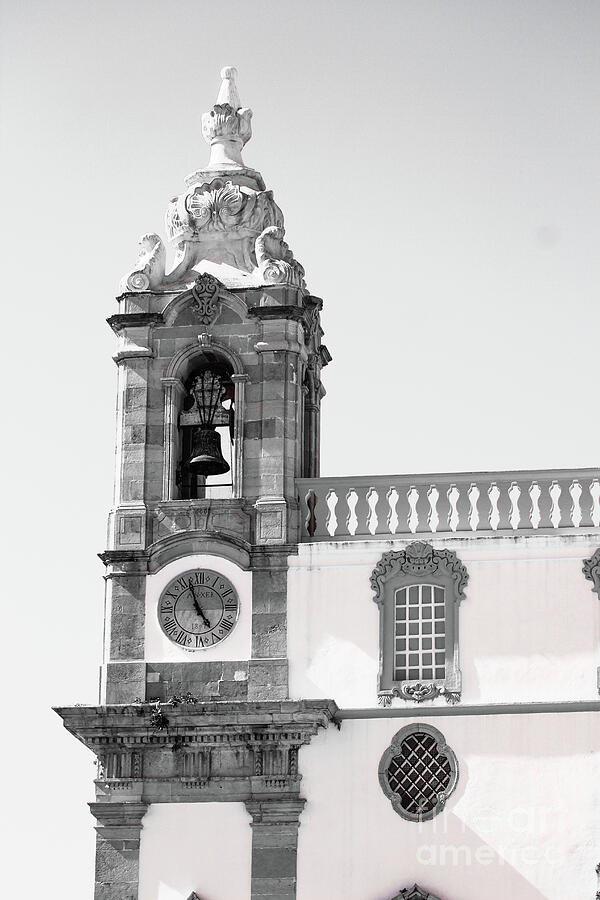 Faro Bell Tower Clock Black and White Vertical Photograph by Eddie Barron