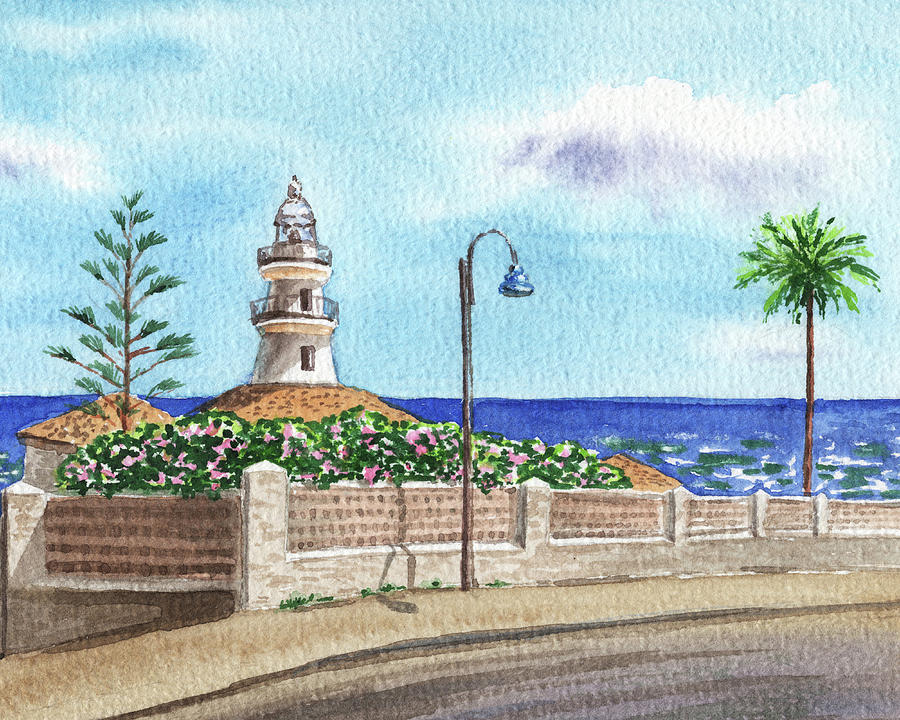 Faro De Cullera Lighthouse Town Of Valencia Sea Shore Watercolor Painting