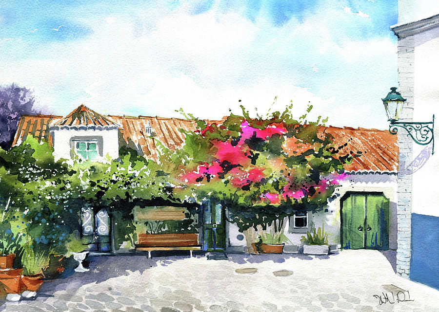 Faro Portugal Painting Old House With Bougainvillea Painting by Dora Hathazi Mendes