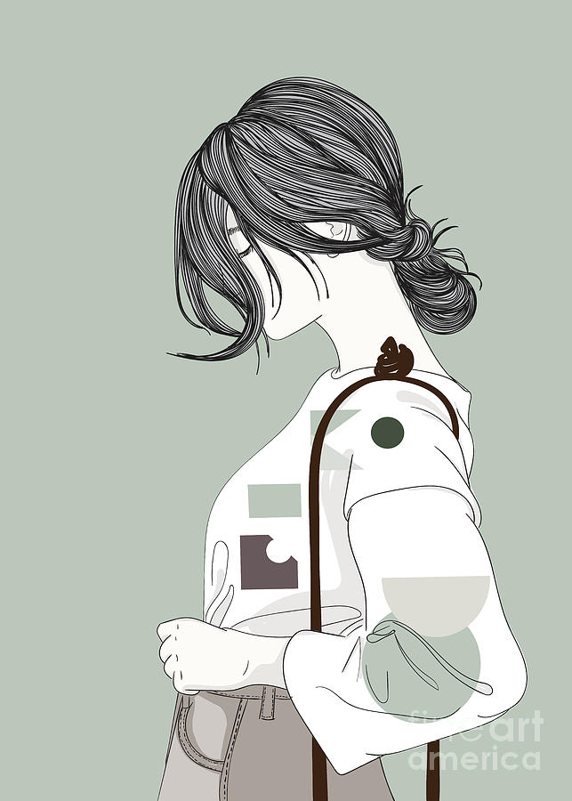 Fashion Girl Carrying A Bag - Line Art Graphic Illustration Artwork Digital Art by Sambel Pedes