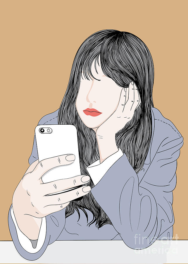 Fashion Girl Feeling Bored Waiting - Line Art Graphic Illustration Artwork Digital Art by Sambel Pedes