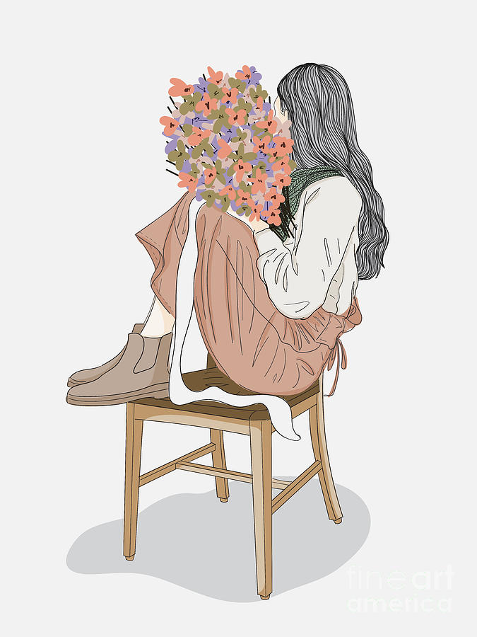 Fashion Girl Holding Flowers on A Chair - Line Art Graphic Illustration Artwork Digital Art by Sambel Pedes