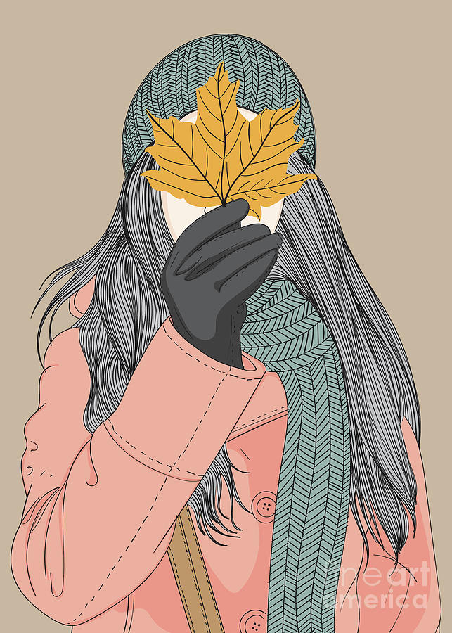 Fashion Girl Holding Leaves In Autumn - Line Art Graphic Illustration Artwork Digital Art by Sambel Pedes