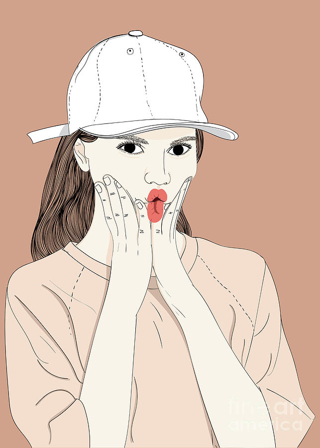 Fashion Girl Showing Cute Expression - Line Art Graphic Illustration ...