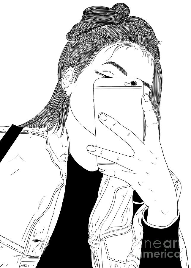 Fashion Girl Taking A Selfie - Line Art Graphic Illustration Artwork ...