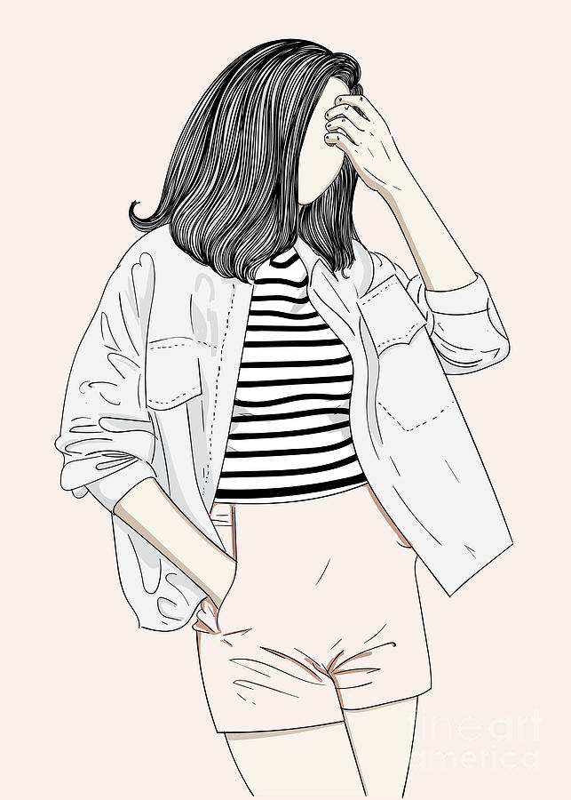 Fashion Girl Wearing A Denim Shirt - Line Art Graphic Illustration Artwork Digital Art by Sambel Pedes