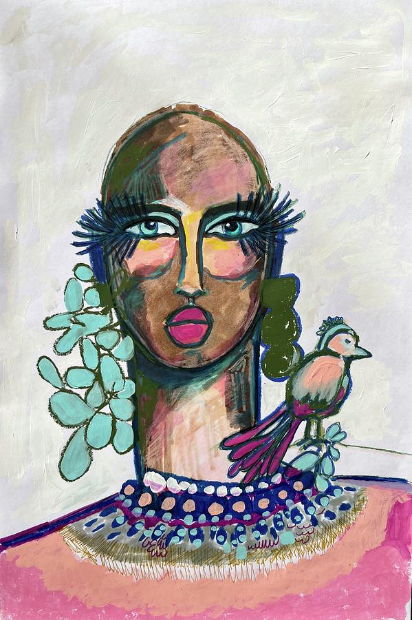 Fashion Girl with Bird Mixed Media by Rosalina Bojadschijew
