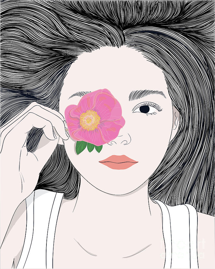 Fashion Girl With Long Hair And A Flower - Line Art Graphic Illustration Artwork Digital Art by Sambel Pedes