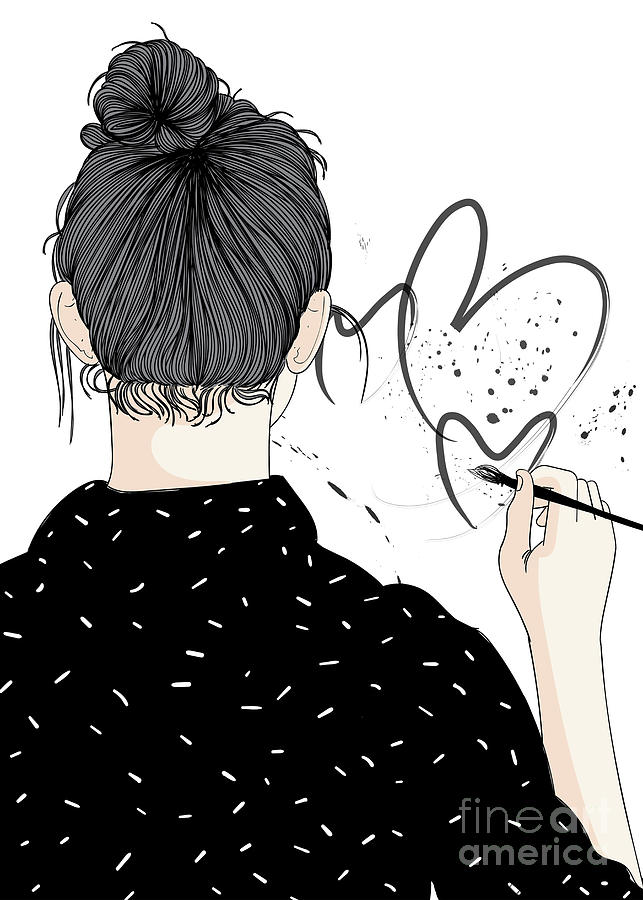 Fashion Girl Writing Heart Shape - Line Art Graphic Illustration Artwork Digital Art by Sambel Pedes