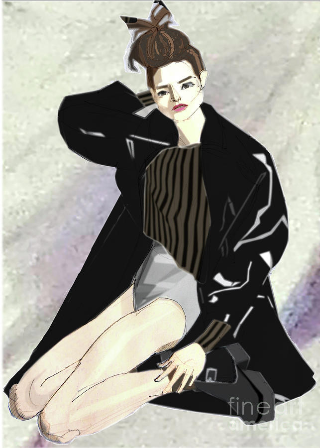 Fashion Illustration of a seated model in a black leather coat Painting by Greta Corens
