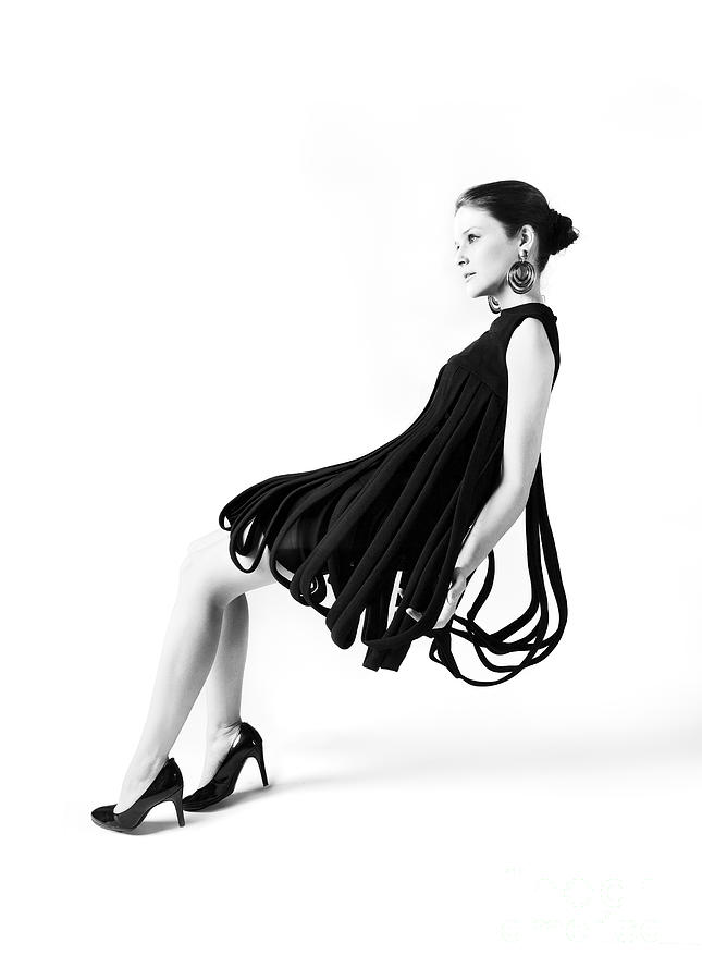 Black And White Photograph - Fashion Model in Vintage Avant Garde Dress by Diane Diederich