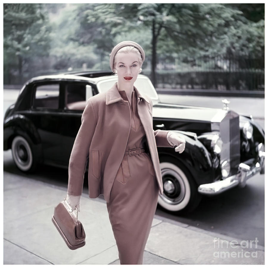 Fashion model with 1950s Rolls Royce Photograph by Retrographs