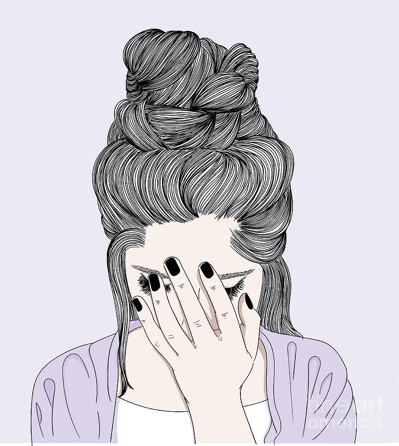 Fashion Woman Crying Sadly - Line Art Graphic Illustration Artwork Digital Art by Sambel Pedes