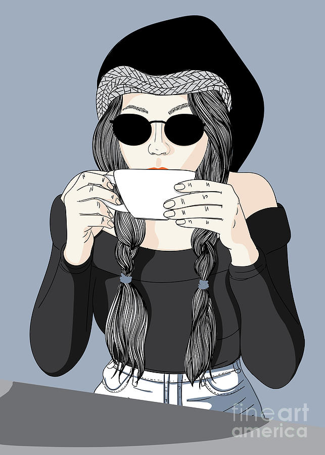 Fashion Woman Sitting And Drinking Coffee Latte - Line Art Graphic Illustration Artwork Digital Art by Sambel Pedes