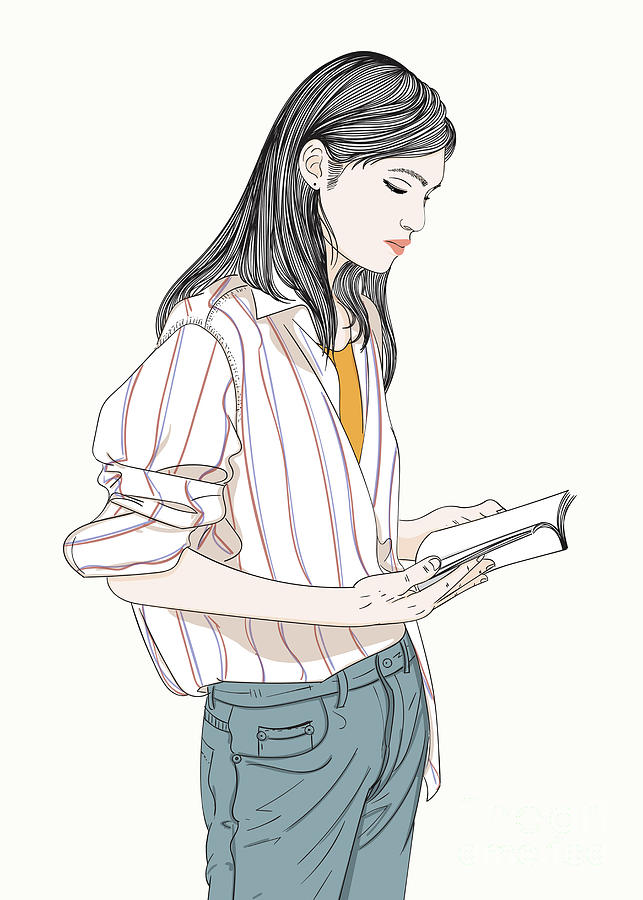 Fashion Woman Standing While Reading - Line Art Graphic Illustration Artwork Digital Art by Sambel Pedes