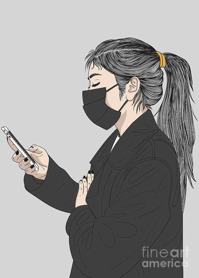 Fashion Woman With A Mask Holding A Phone - Line Art Graphic Illustration Artwork Digital Art by Sambel Pedes