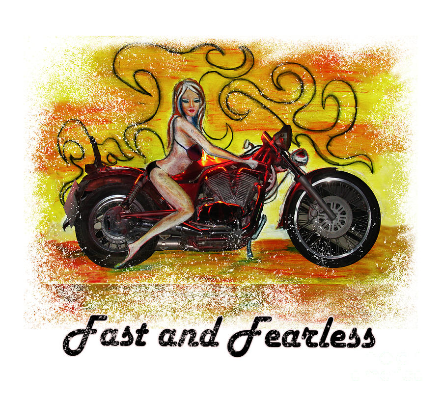 Fast and Fearless Pinup bikini motorcycle girl Painting by Tom Conway
