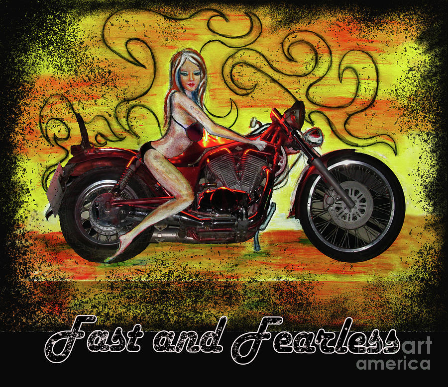 Fast and Fearless Pinup bikini motorcycle girl ver. 2.0 Mixed Media by Tom Conway