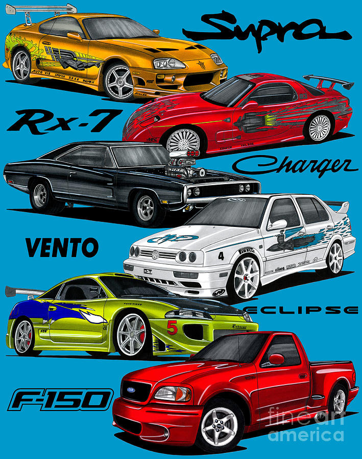 The fast and the furious cars Toyota Supra, Mazda RX-7, Dodge Charger, VW  Jetta, Eclipce, Ford F-150 by Vladyslav Shapovalenko