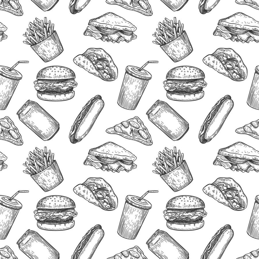 Fast food seamless pattern. Hand drawn pizza, burger and fries, Digital ...