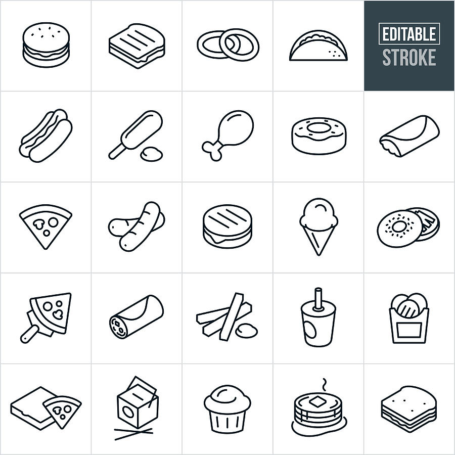 Fast Food Thin Line Icons - Editable Stroke Drawing by Appleuzr