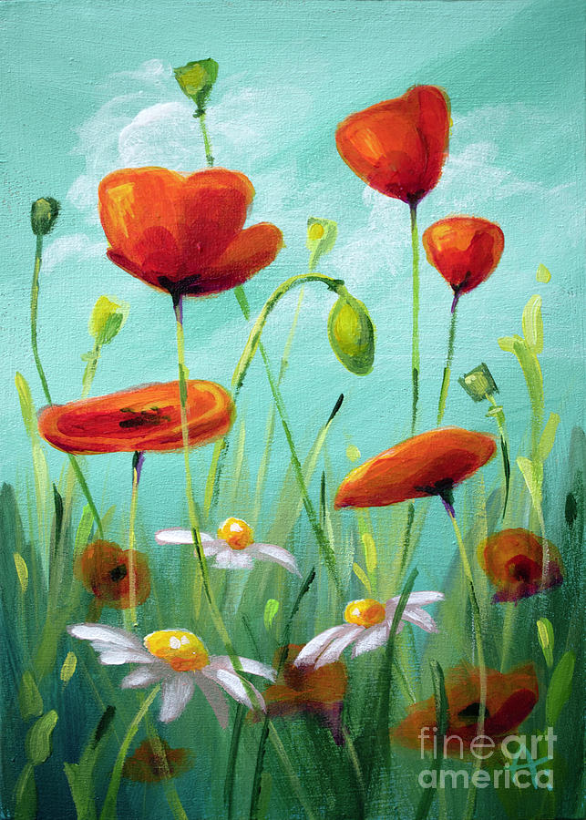 Fast Friends - Poppies and Daisies Painting by Annie Troe