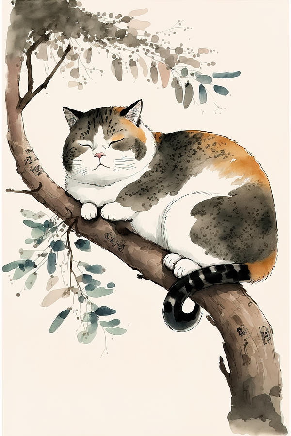 Fat cat napping on a tree branch Digital Art by Young Koo Jin GooStudio ...