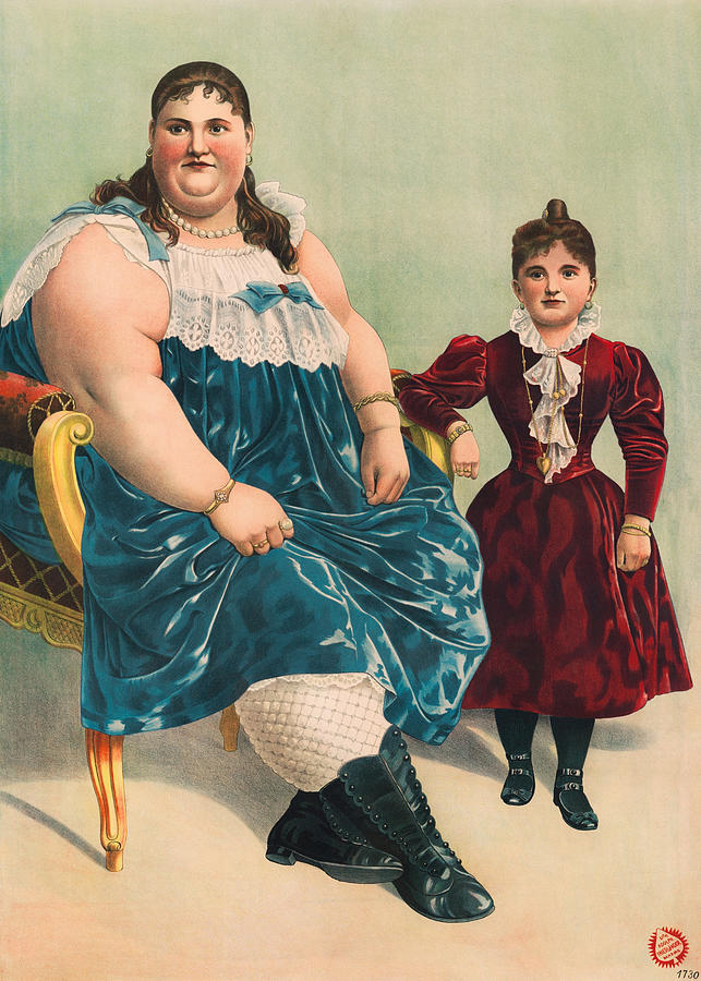 Fat Lady and Little Person - Vintage Circus Lithograph - 1898 Painting by War Is Hell Store