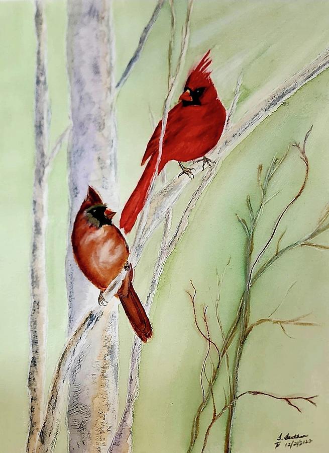 Tree Painting - Father and Daughter Cardinals by Terry Feather