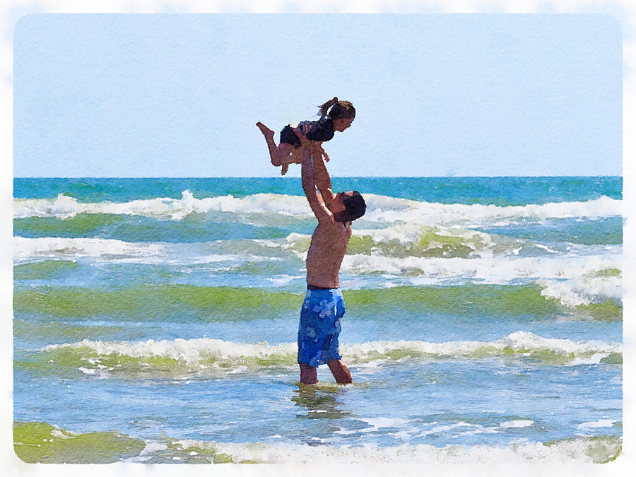 Father and daughter in the surf Digital Art by Life Makes Art