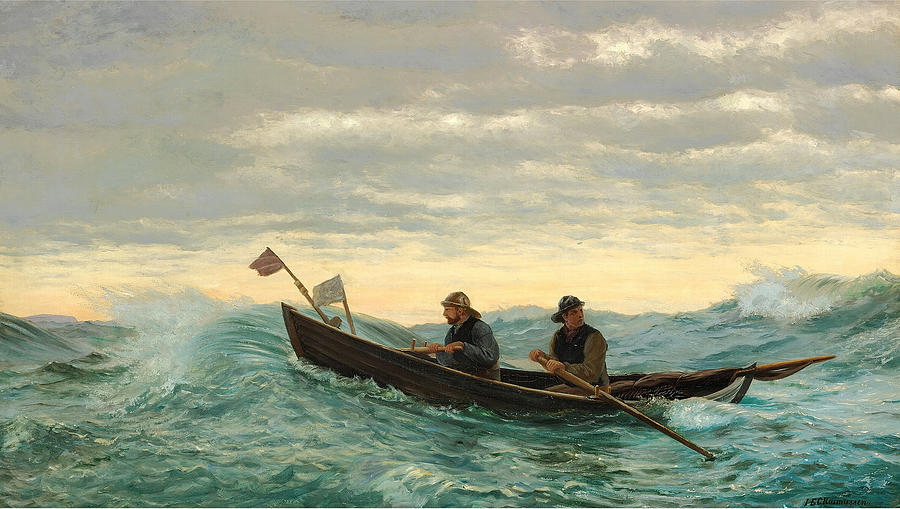 Father and son tending the nets  Painting by Carl Rasmussen