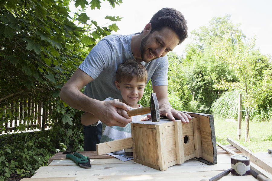 Father and son timbering a birdhouse Photograph by Westend61