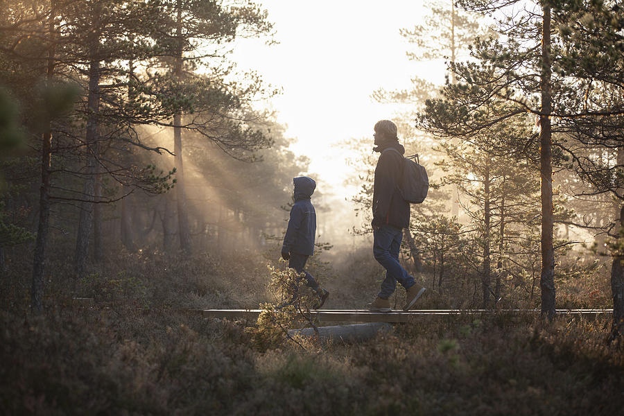 Father and son walking on planks in forest, Finland Photograph by Tiina & Geir