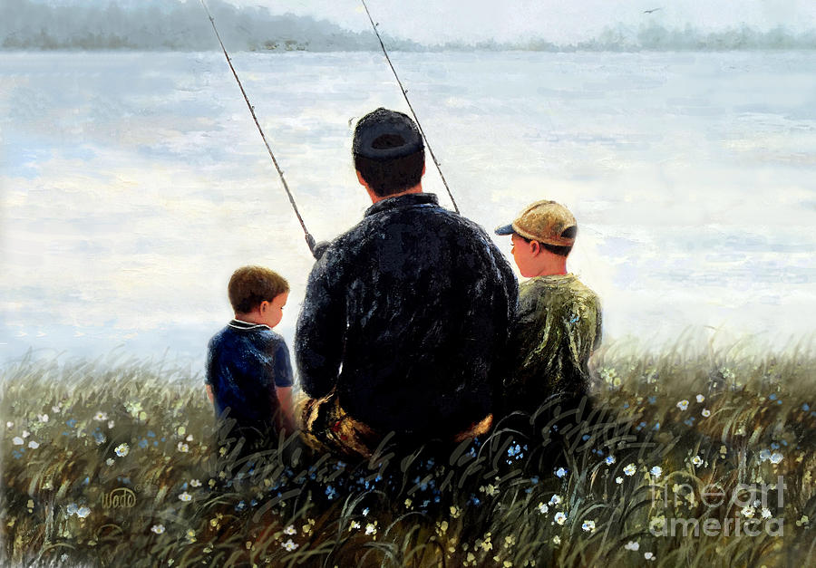 Father and Two Sons Fishing Painting by Vickie Wade