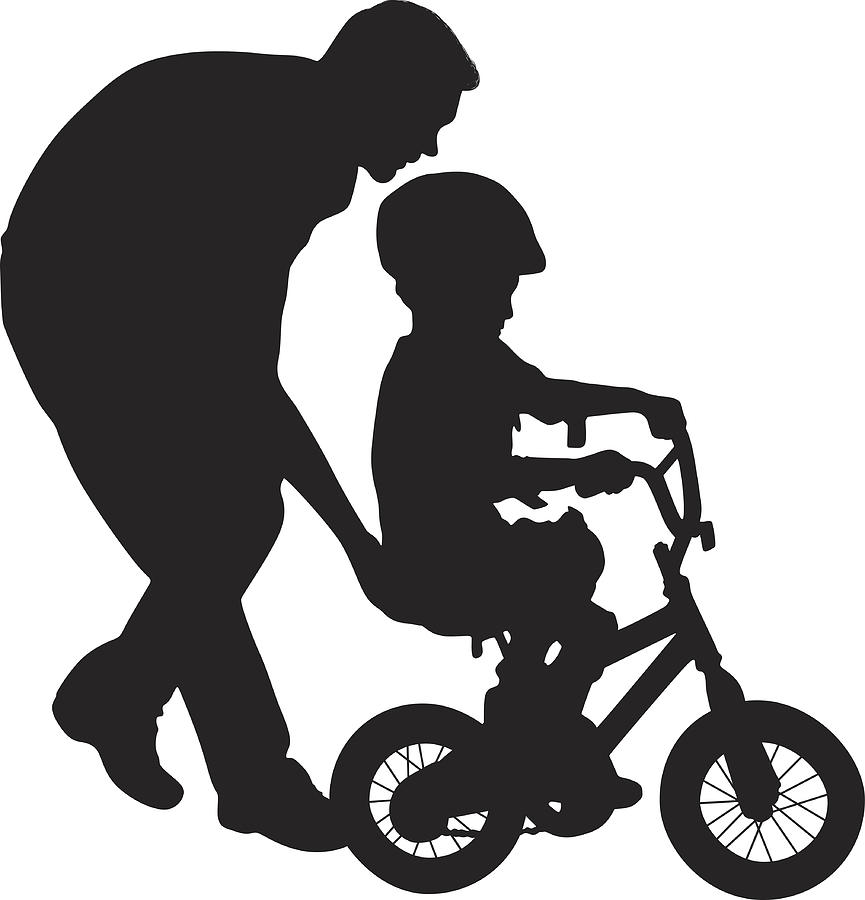 Father helping his child to ride bicycle Drawing by 4x6