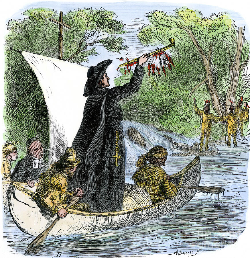 Father Jacques Marquette showing the peace pipe to the Indians Drawing ...