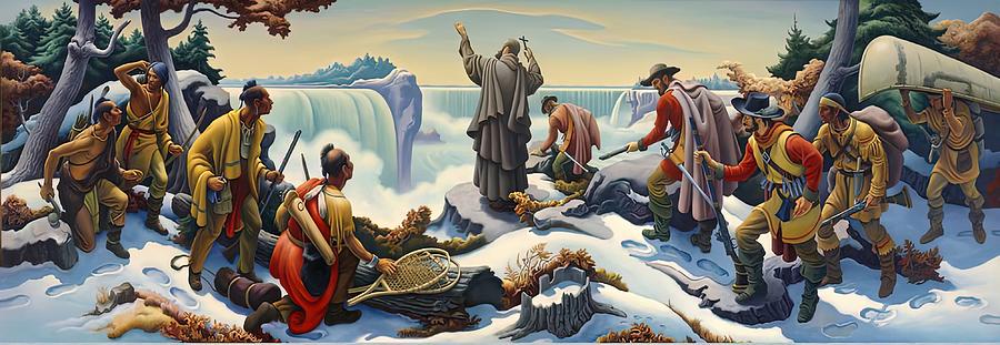 Father Louis Hennepin first view of Niagara Falls Painting by Thomas Benton