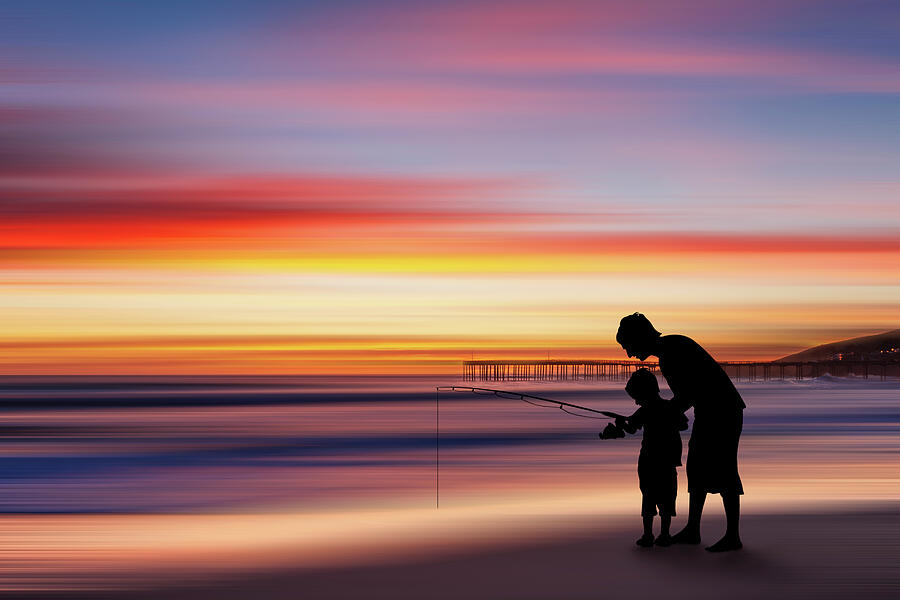 Father Son Fishing On The Beach - Silhouette Mixed Media