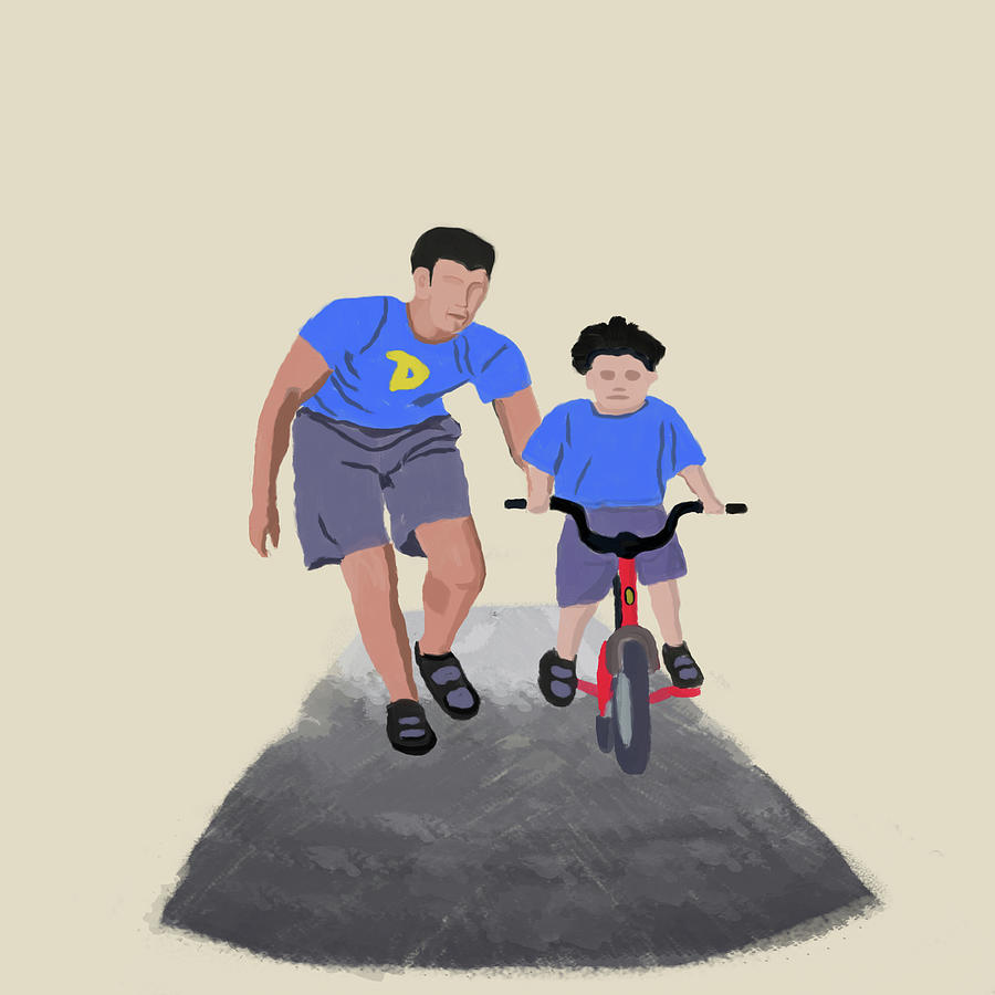 Father Son Learning Cycling Digital Art