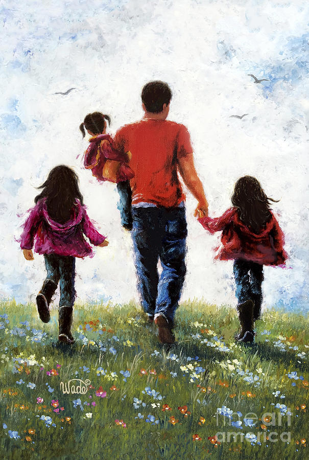 Father Three Daughters Out For A Walk Painting by Vickie Wade