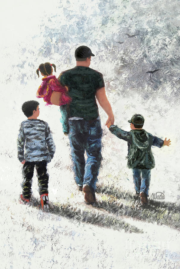 Father Two Sons and Daughter Walking Painting by Vickie Wade