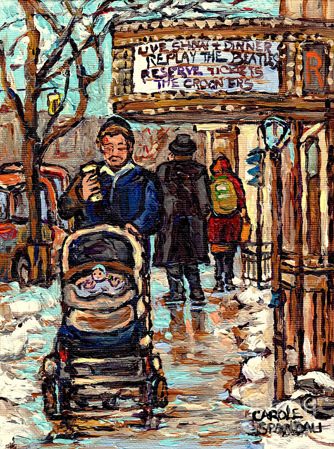 Father With Baby Carriage Park Avenue Winter Stroll C Spandau Artiste Peintre Montreal Quebec Canada Painting by Carole Spandau