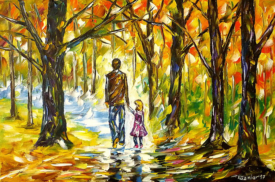 Impressionism Painting - Father With Daughter In The Forest by Mirek Kuzniar