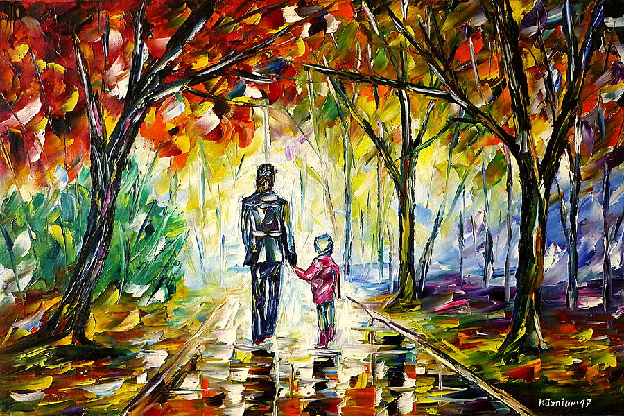 Father With Daughter In The Park Painting by Mirek Kuzniar