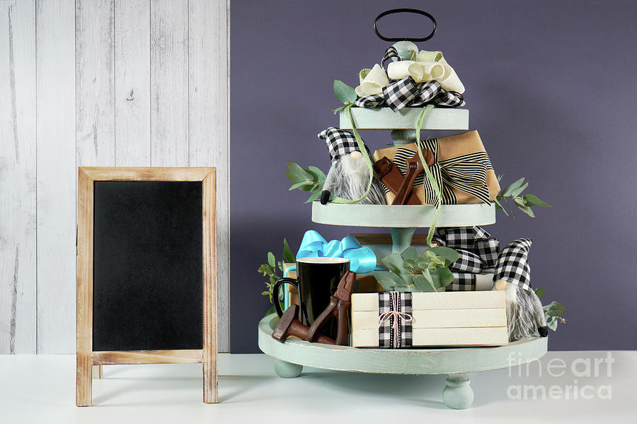 Fathers Day Farmhouse aesthetic three tiered tray decor. Photograph by Milleflore Images